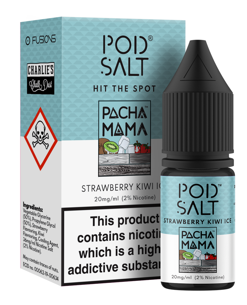 POD SALT CHARLIES CHALK DUST PACHA MAMA STRAWBERRY KIWI ICE 10ML NICOTINE SALT E-LIQUID FUSION